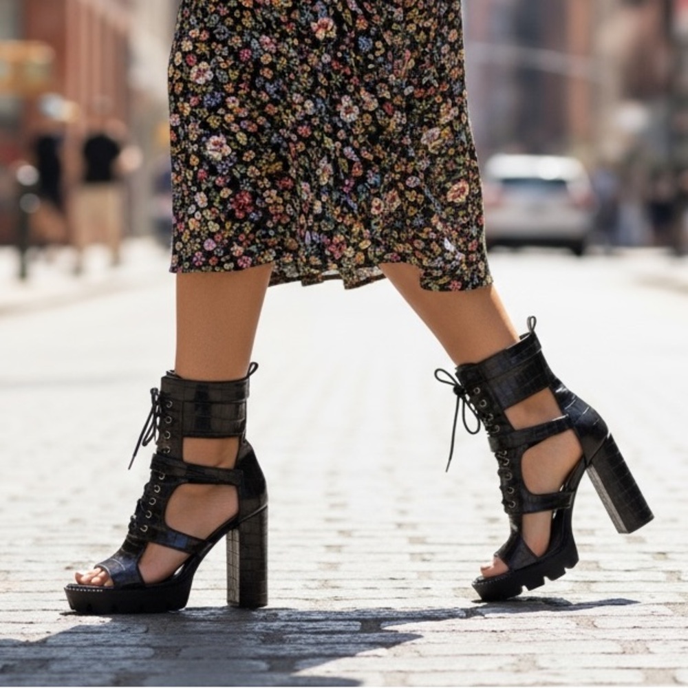 Black Lace-Up Heeled Sandals